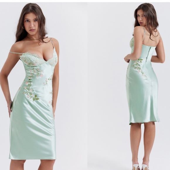 HOUSE OF CB XL D-DD  'Fallon' Light Jade Embroidered floral Slip Dress NWOT - Picture 14 of 16